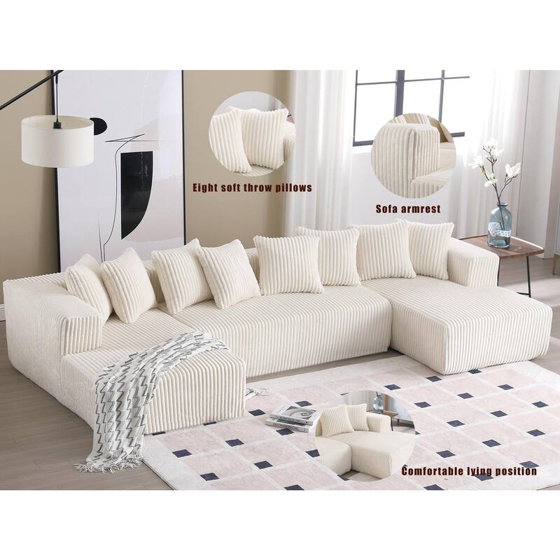 131" Modular U-shaped Sectional Couch, 4 Seater, Striped Corduroy, Ancient White