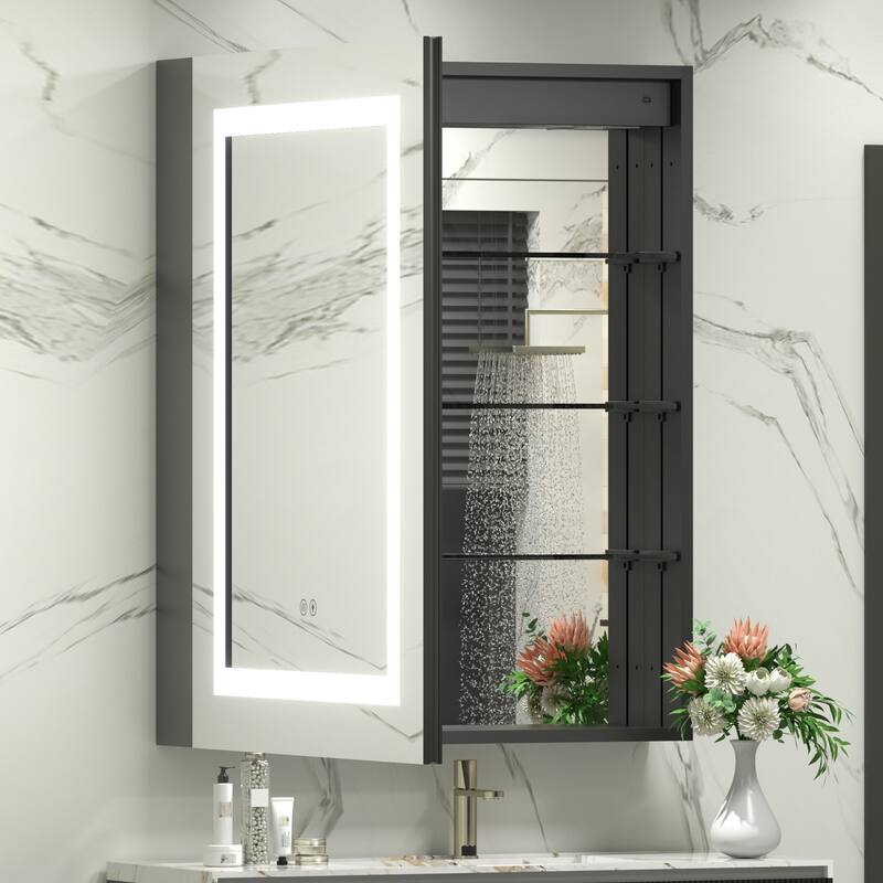 KIOTEE LED Lighted Recessed or Surface Mount Medicine Cabinet Mirror with Dimmable Light and Socket