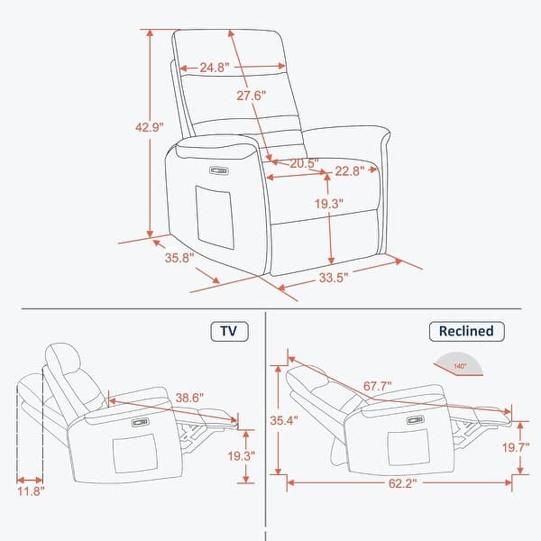 dimension image slide 2 of 3, MCombo Modern Fabric Power Recliner, Electric Swivel Glider Rocker Recliner Chair for Nursery with USB Ports, Side Pockets 7763