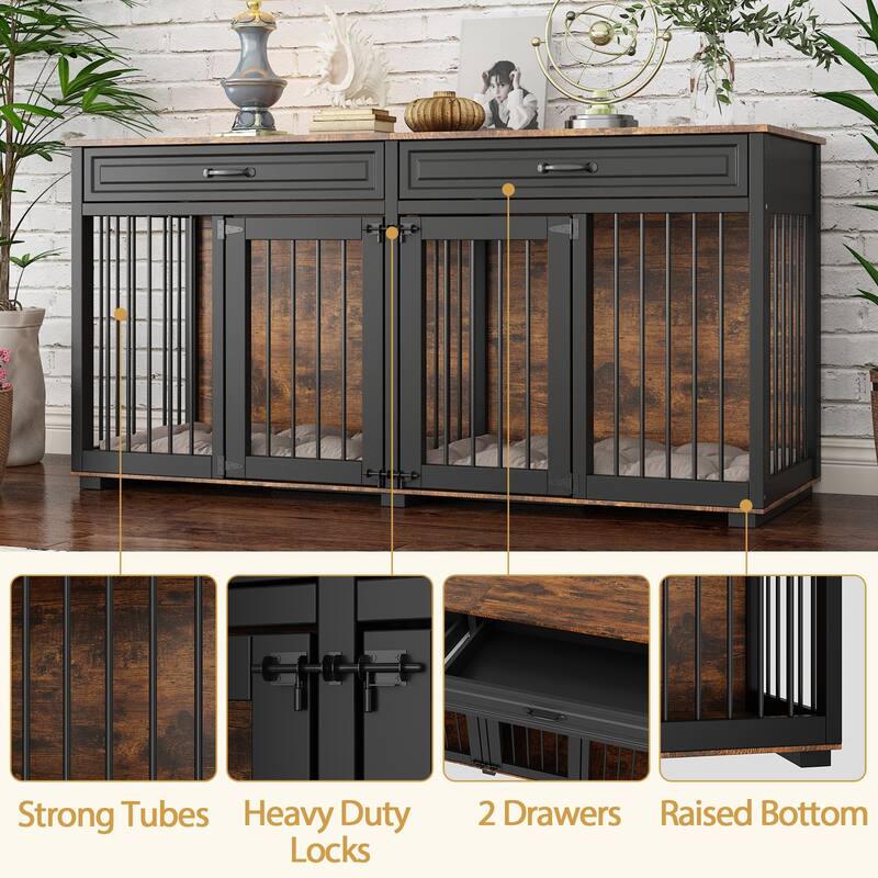 Furniture Style Double Dog Crate with Drawers, 64.6" Wooden Pet Kennel End Table, Removable Divider, Heavy Duty Metal Bars