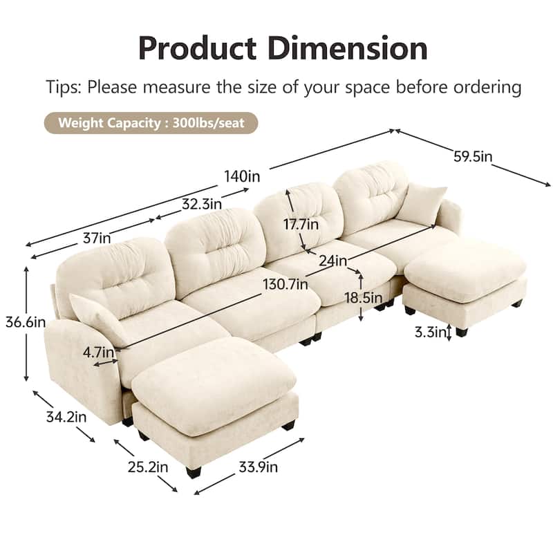140" U Shaped Modern Sofa, Modular Sectional Couch Set with 2 Ottoman, 4 Seat Chenille Deep Seat Sofa for Living Room