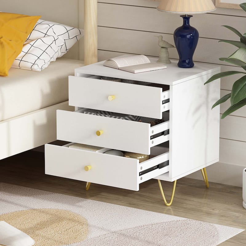 Light Luxury Style Nightstand,19.6"W,Golden Metal Steel, Three Drawers
