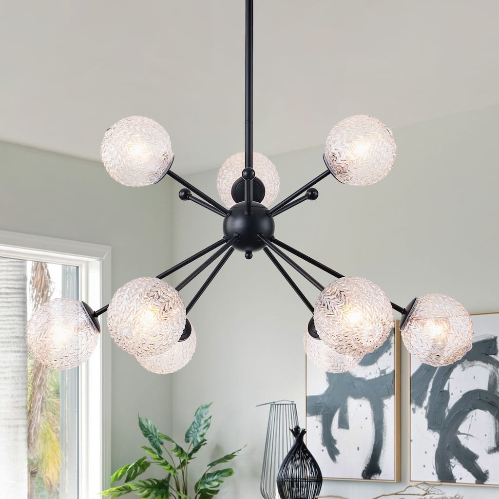 31.5" 9-Light Modern Black Sputnik Pendant Light Pineapple Glass Globe - Dia.31.5-in
