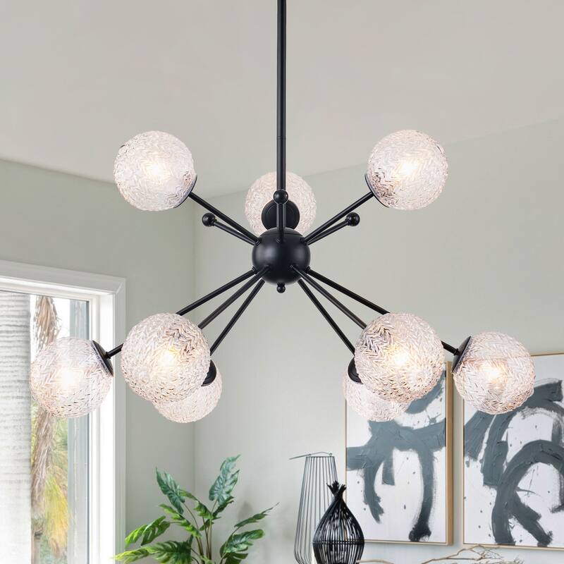31.5" 9-Light Modern Black Sputnik Pendant Light Pineapple Glass Globe - Dia.31.5-in - Dia.31.5-in