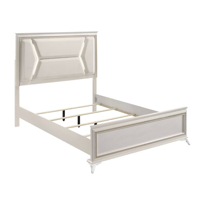 1pc Modern Luxury Queen Bed Upholstered Headboard with LED Lighting Wooden Bedroom Furniture Antique White Finish and Gold