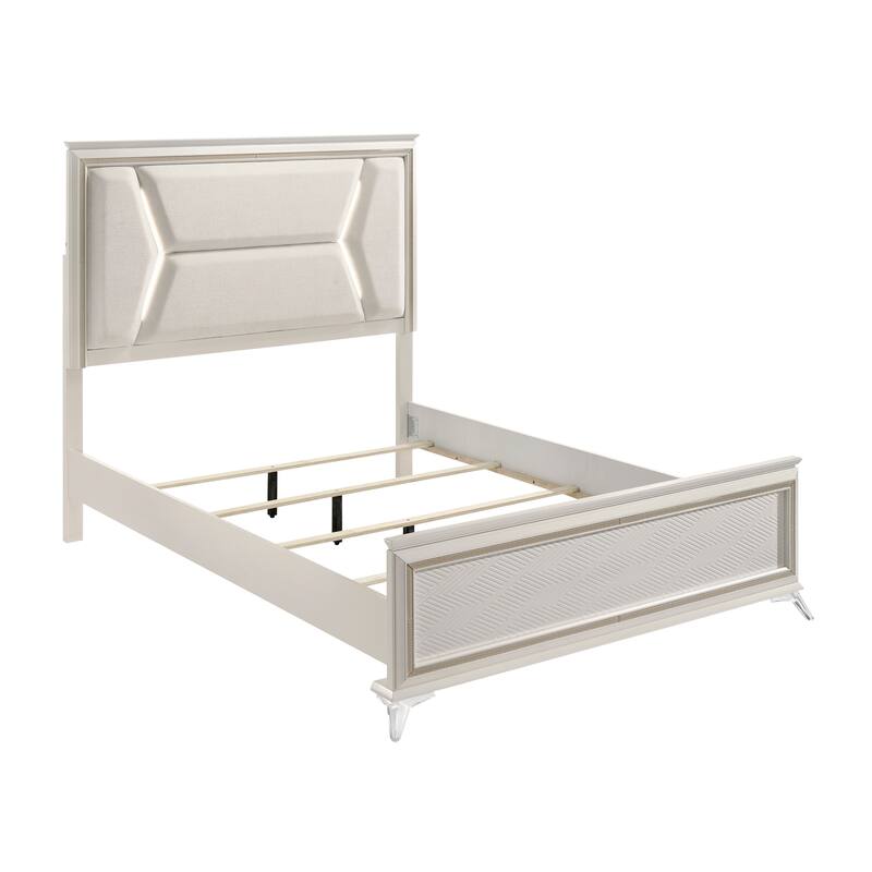 Modern Queen Bed with LED Upholstered Headboard, White and Gold Finish