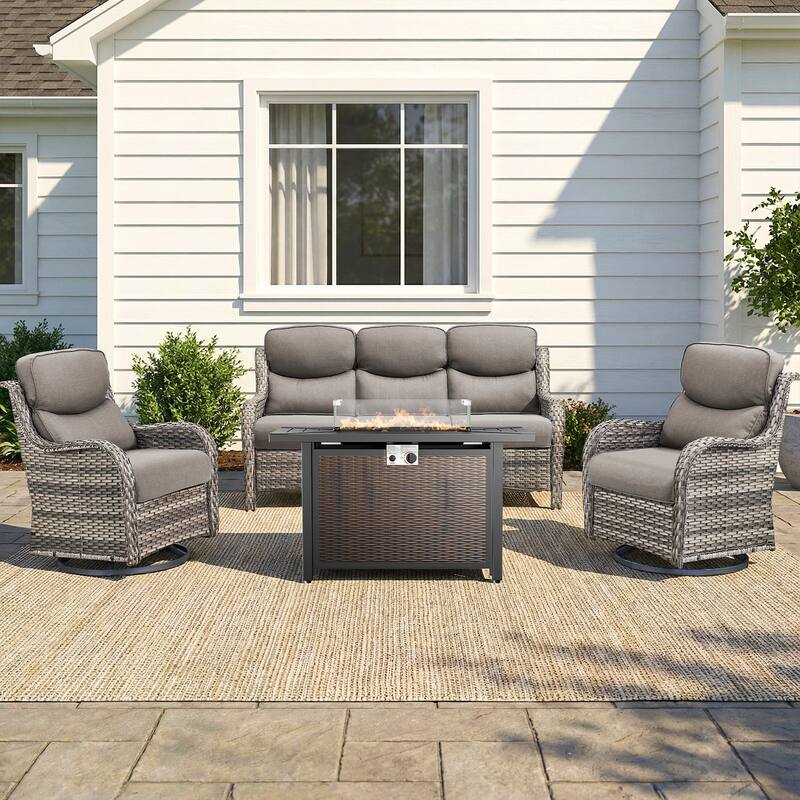 Pocassy 4/5 Piece Patio Sofa Furniture Set with 43" Fire Pit Table - Gray Wicker Gray Cushion - 4-Piece Sofa Swivel Chair w/ Fie Pit Table