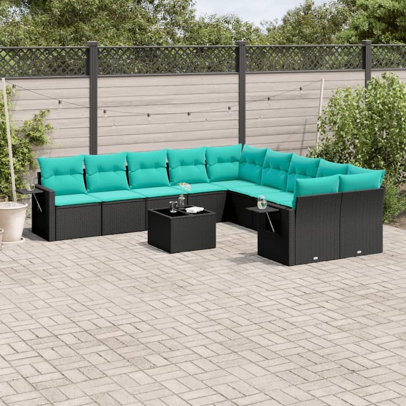 vidaXL 10 Piece Patio Sofa Set with Cushions Black Poly Rattan - 21.7x27.2x24.4-With table