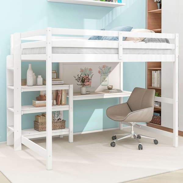 slide 2 of 16, Full Size Wooden Loft Bed with Shelves, Desk and Writing Board White