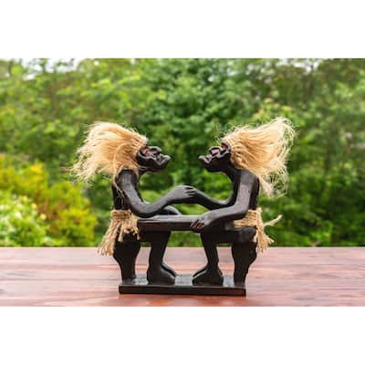 Handmade Wooden Primitive Tribal Funny Statue Two Men Arm Wrestling Sculpture Tiki Bar Handcrafted Gift Art Decor Accent