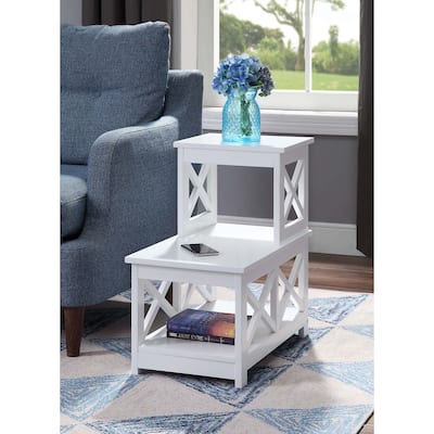 2 Step Chairside End Table with Chic L Shape Design and X Frame Sides, Multi Tier Storage Shelves for Living Room or Den Use