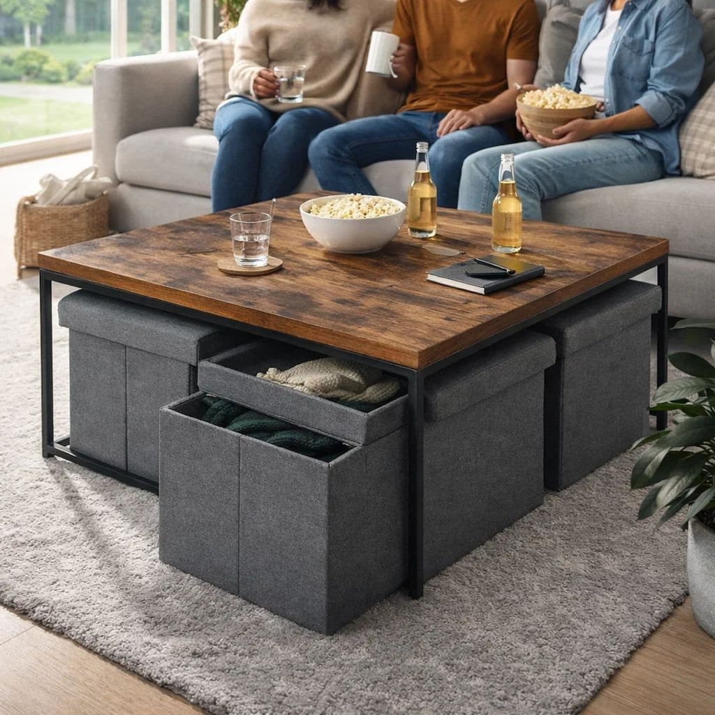 All 5 Piece Coffee Table Set, Oak Brown Top with 4 Nesting Storage Bins