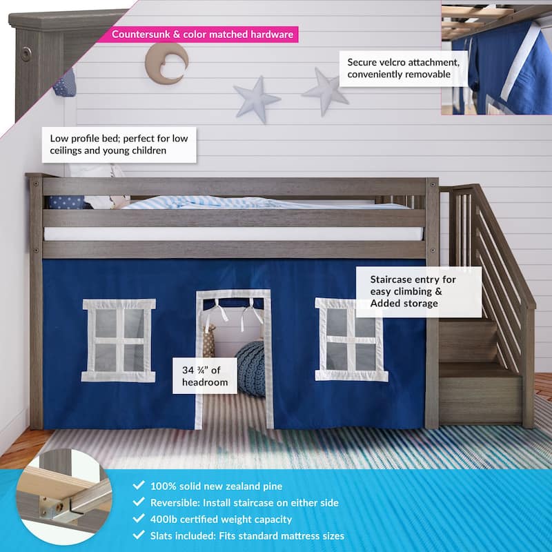 Max and Lily Twin Low Loft with Stairs and Curtains