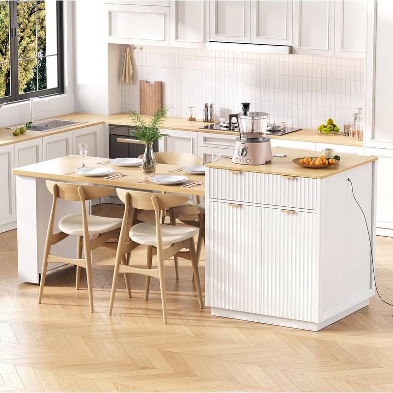 82.6" Fluted Kitchen Island with Extendable Dining Table and Power Outlet for Modern Kitchen Spaces