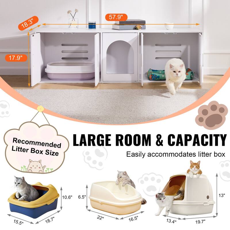 57.9" White Cat Litter Box Enclosure Furniture Hidden with 5 Doors Perfect for Placing Vases Books or any Decorations