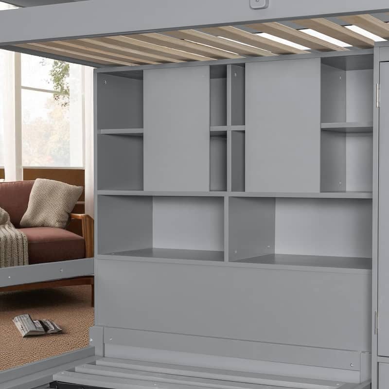 Twin Bunk Bed with Drawers, Wardrobe, Shelves and Hydraulic Lift Storage, Space Saving Bed for Kids Teens