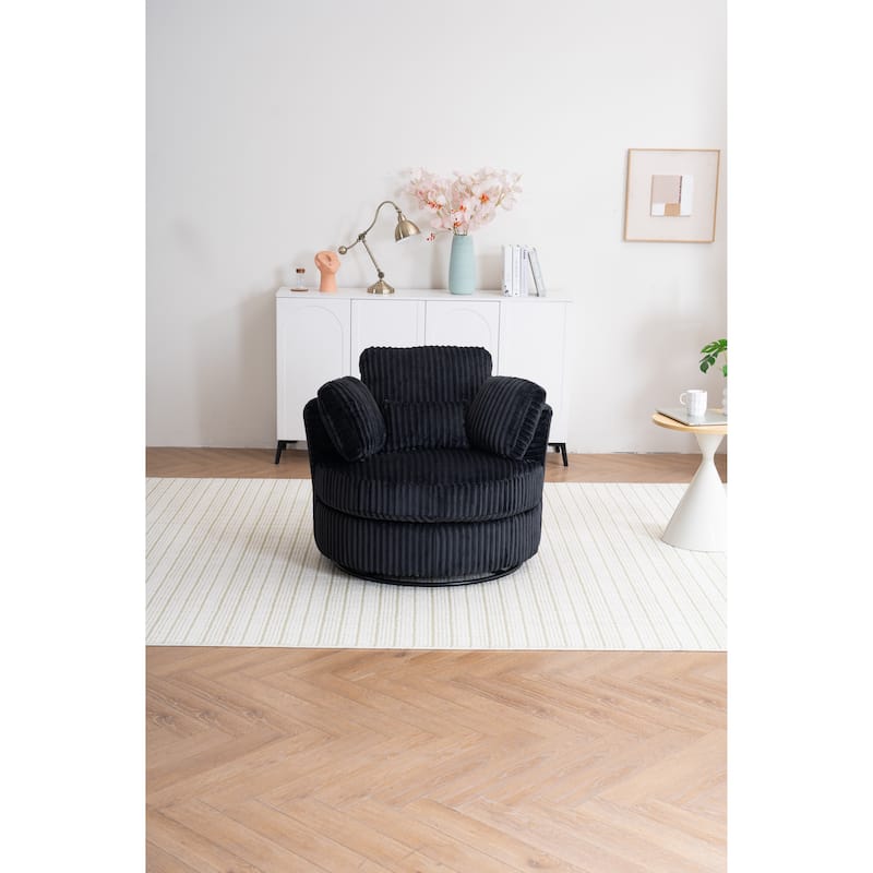Oversized 360 Degreed Swivel Accent Chair Modern Soft Plush Corduroy Round Barrel Chair for Living Room Bedroom with Pillows