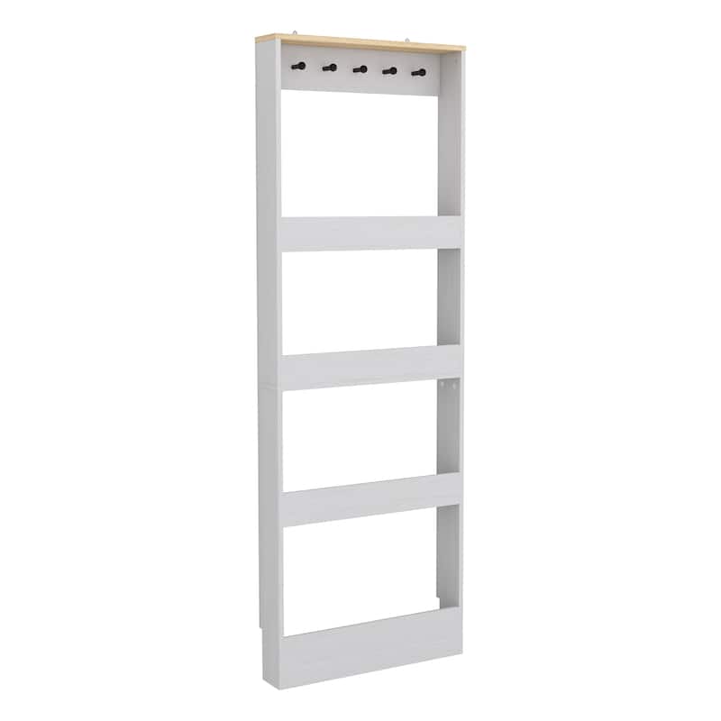 69" Tall Bookcase with 4 Shelves and 5 hooks, Wall Mounted Space-Saving Narrow storage cabinet for Living Room