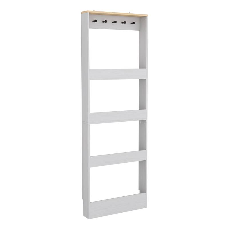 69" Tall Narrow Storage Cabinet with 4 Shelves & 5 Hooks, Space-Saving Behind-the-Door Bookcase Organizer