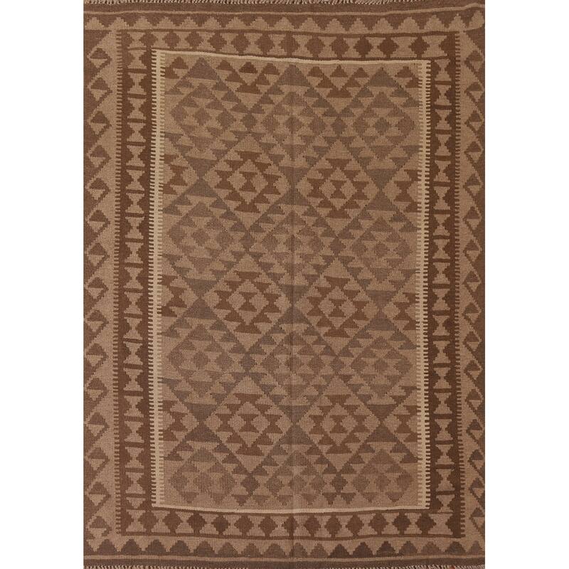 Brown Kilim Oriental Area Rug Hand-woven Bedroom Wool Carpet - 4'11" x 6'9"