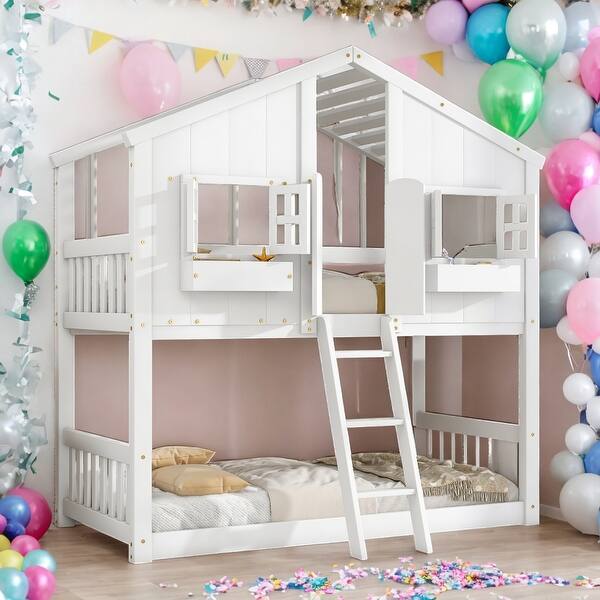 slide 2 of 18, Modern Twin over Twin Bunk Bed With Roof ,Window,Window Box,Door,Guardrails And Ladder for Bedroom White