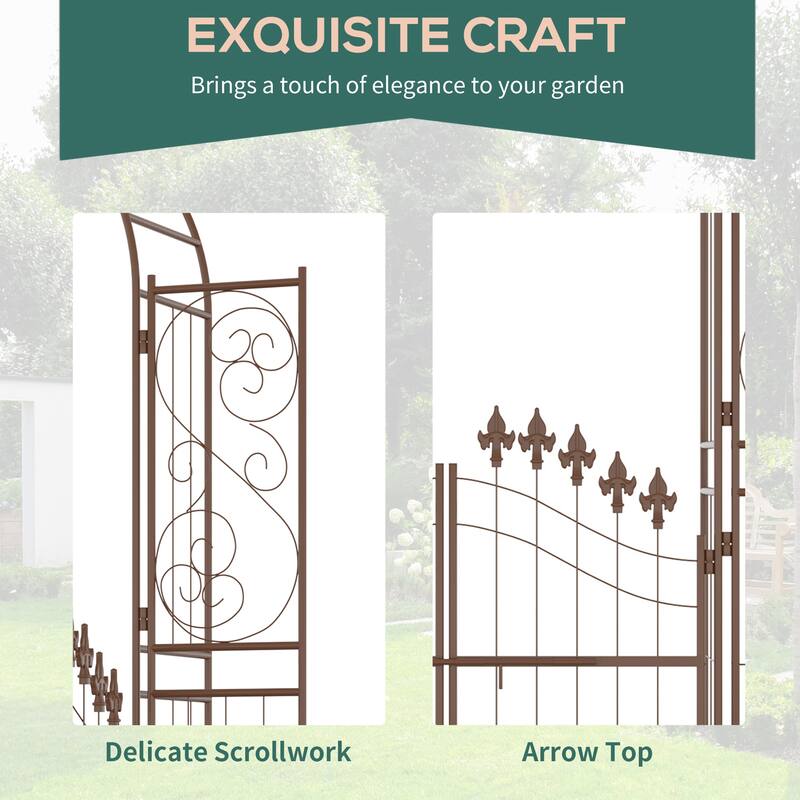 Outsunny 7' Metal Garden Arbor, Garden Arch with Gate, Fleur De Lis Motif, Latching Doors