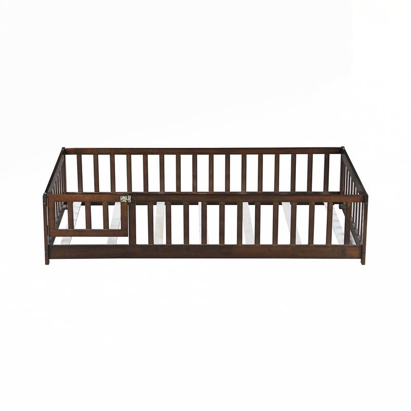 Rubber Wood Floor Bed with Safety Guardrails
