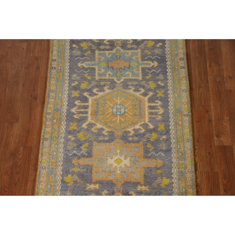 Hand Knotted Oriental 100% Wool Carpet Transitional Geometric Greys & Charcoal Khotan Runner Rug - 9' 8'' X 2' 6''