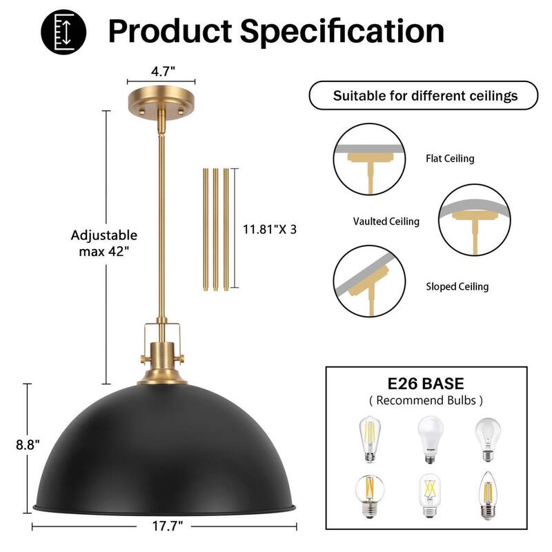Modern Industrial 1-Light Dome Metal Pendant Light for Kitchen Island