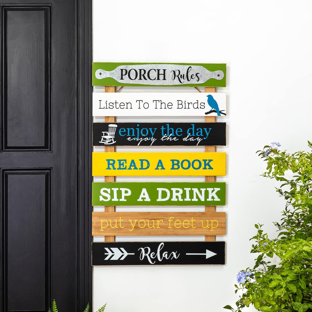 Glitzhome 36"H Oversized Colorful Wooden Slats Porch Spring Rules Sign Wall Decor