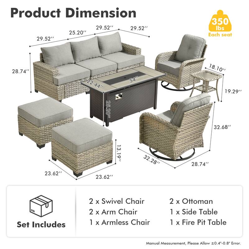 OVIOS 9 Pieces T shaped Seat Curved Swivel Chair Set With Fire Pit