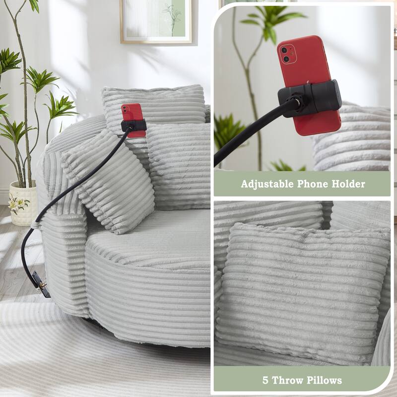 Roomfitters 360 Swivel Barrel Accent Chair with Adjustable Phone Holder and 5 Throw Pillows, Corduroy