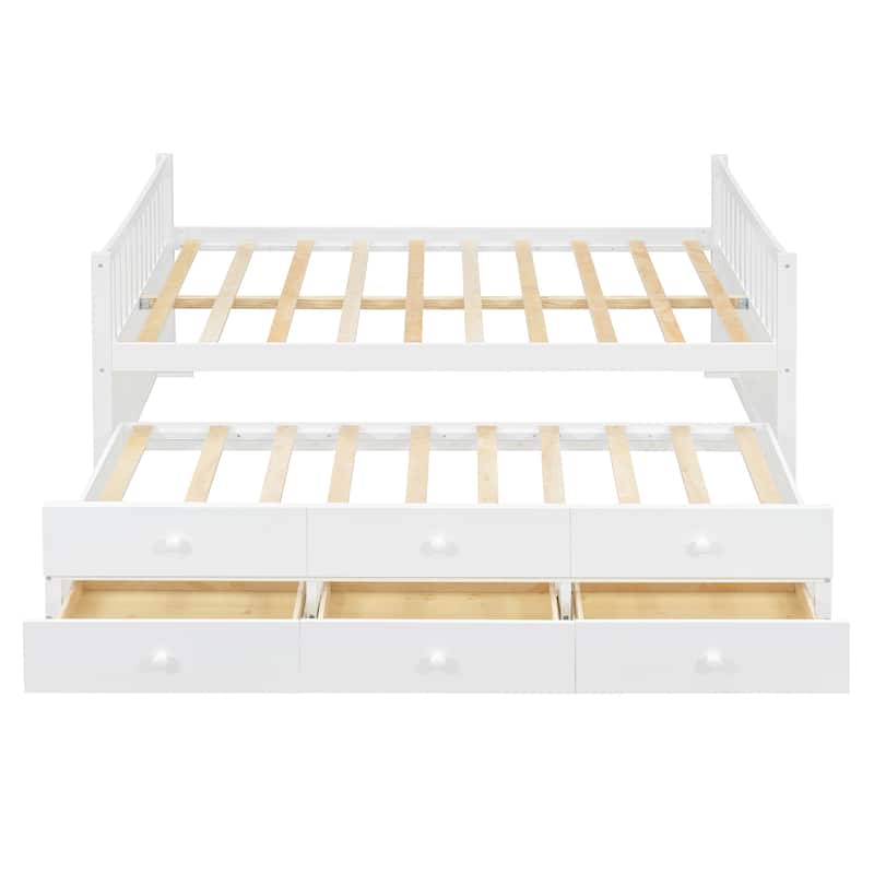 Wood Captains Bed Storage Daybed Full Size Platform Bed with Twin Size Trundle and Drawers, Built-in Smoothly Casters