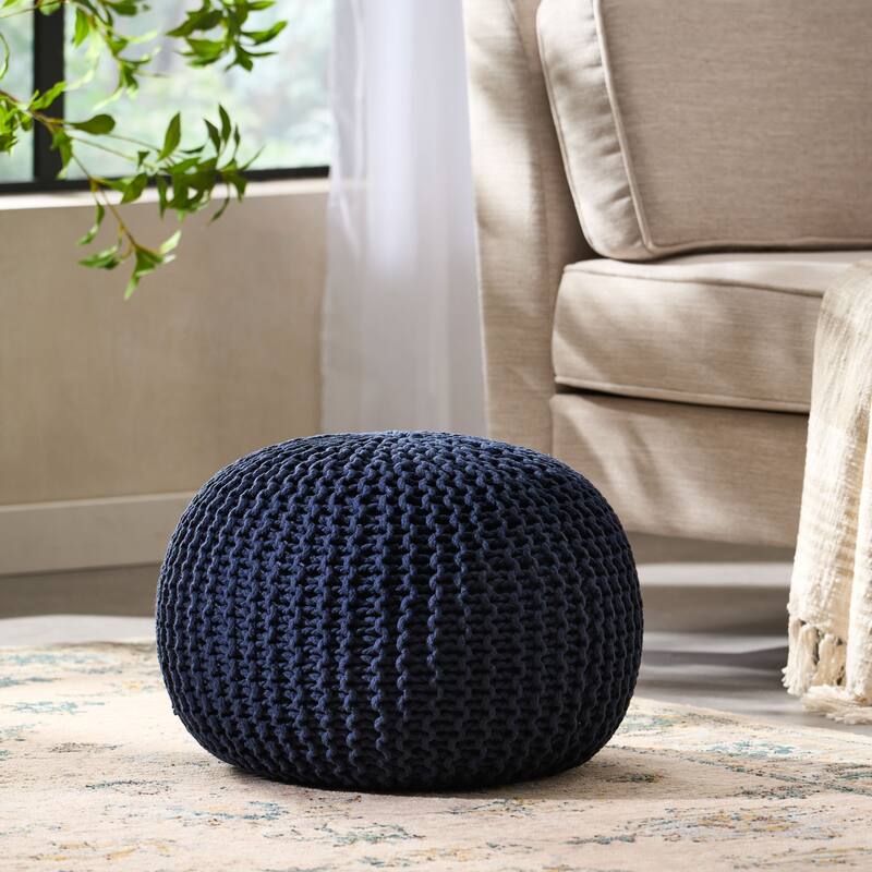 Nahunta Modern Knitted Cotton Round Pouf by Christopher Knight Home - Navy Blue