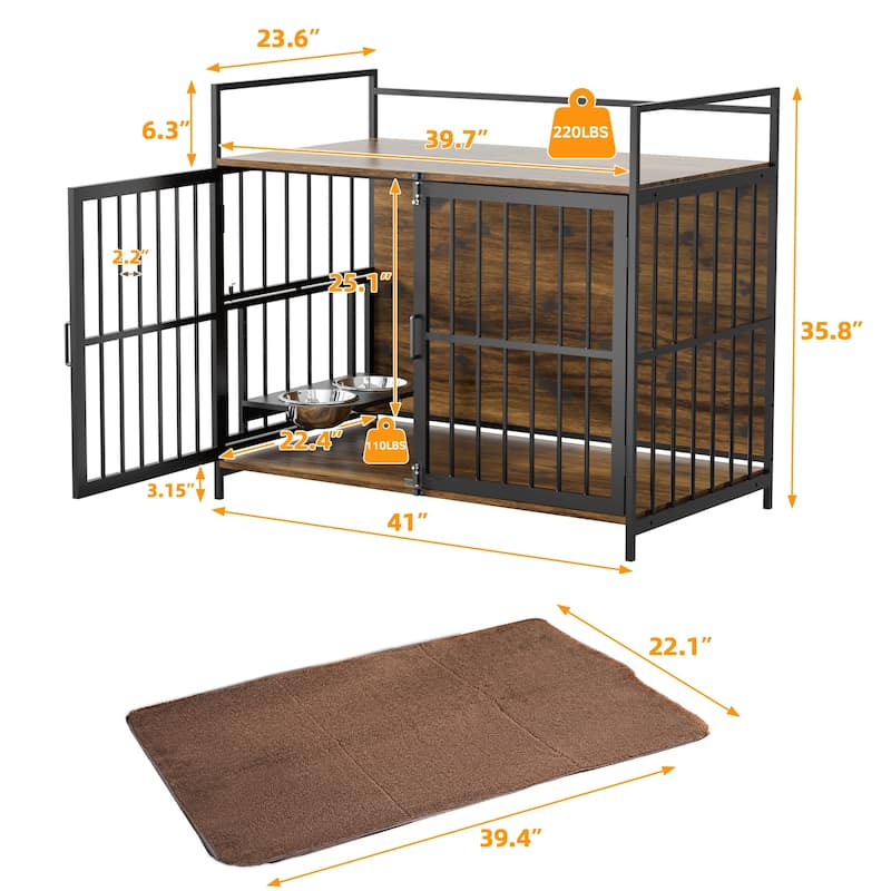Dog Cage Furniture with Cushion, Dog Kennel Indoor with Rotating Feeder Bowls, Heavy Duty Indoor Cage Kennel