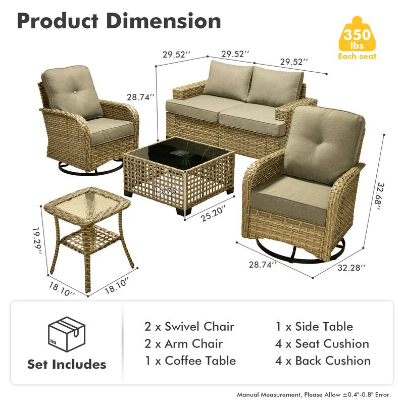 OVIOS 6 Pieces Wide Arm T shaped Seat Curved Swivel Chair Set With Solar-Powered Table