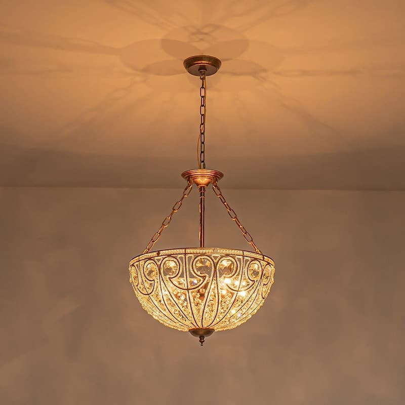 Spanish Antique Gold Bronze Crystal Accented Basket Cage Chandelier