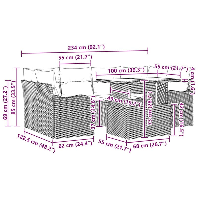 vidaXL 7 Garden Sofa Set with Cushions Black/Brown/Grey Poly Rattan - 92.1 x 48.2 x 27.2