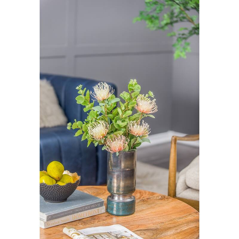 D5.1x13.2" Smokey Blue Glass Vase with Chrome Accent Modern Home Decor