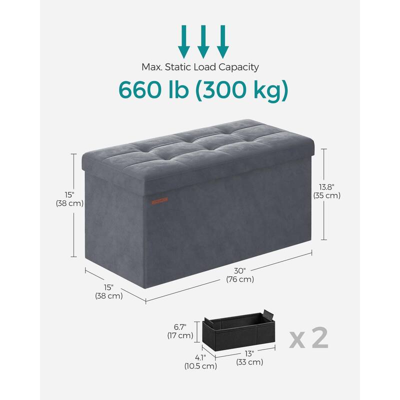 Storage Ottoman, Foldable Velvet Storage Bench, 2 Extra Storage Boxes, 15 x 30 x 15 Inches, 660 lb Load Capacity, for Entryway
