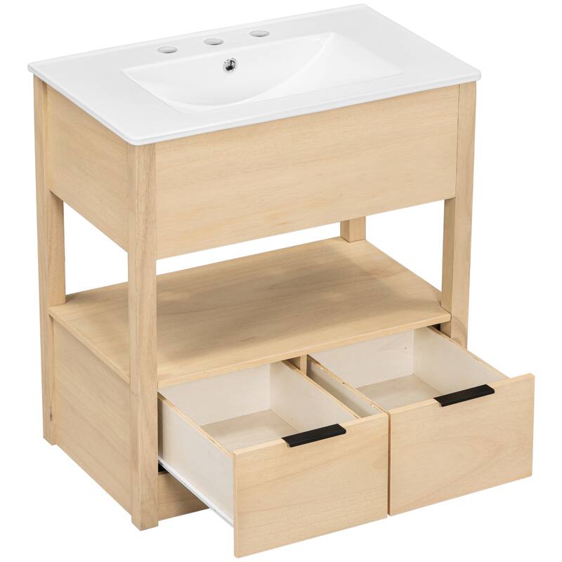30" Bathroom Vanity with Sink Top, Bathroom Cabinet with Open Storage Shelf and Two Drawers, One Package