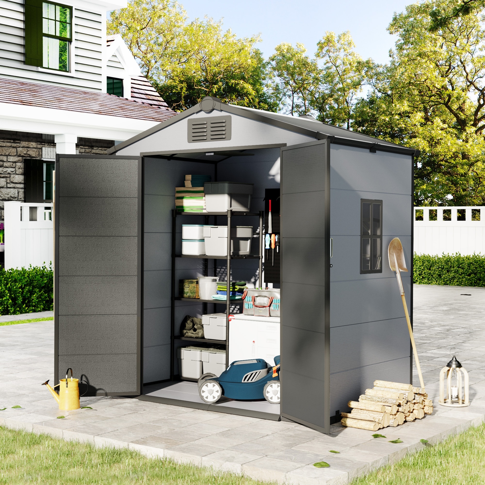 6'x4' Weather Resistant Outdoor Storage Shed with Built‑In Floor, Lockable Double Doors & Sloped Roof, Garden Tool Storage Shed