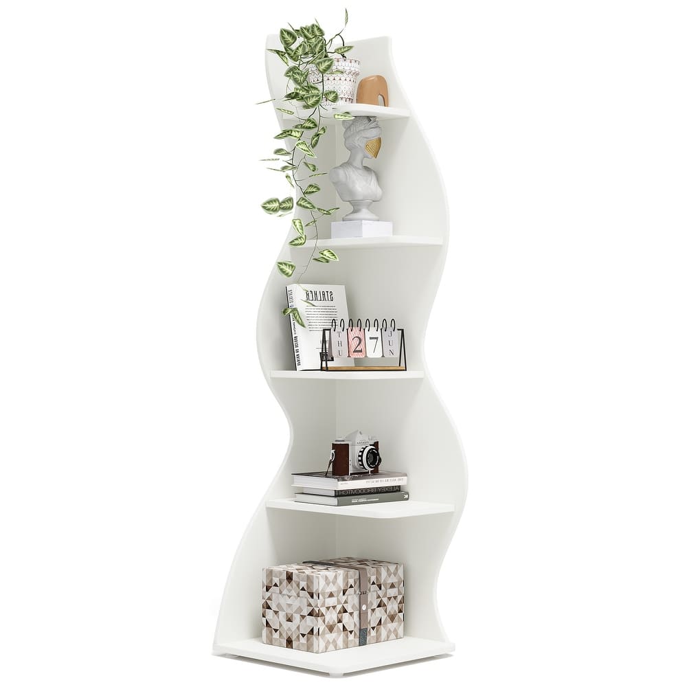 Modern Wood Corner Shelf, 5-Tier Bookshelf Bookcase for Living Room