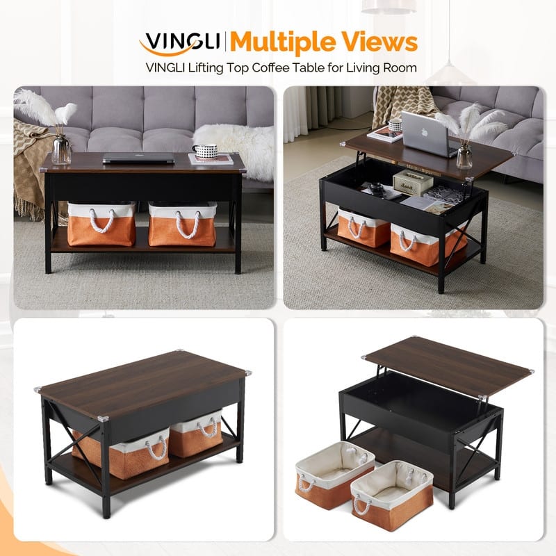 VINGLI Rectangular Nordic Walnut P2 Board with Side X-shaped Metal Frame, Adjustable Height, 2 Storage Bags, Coffee Table