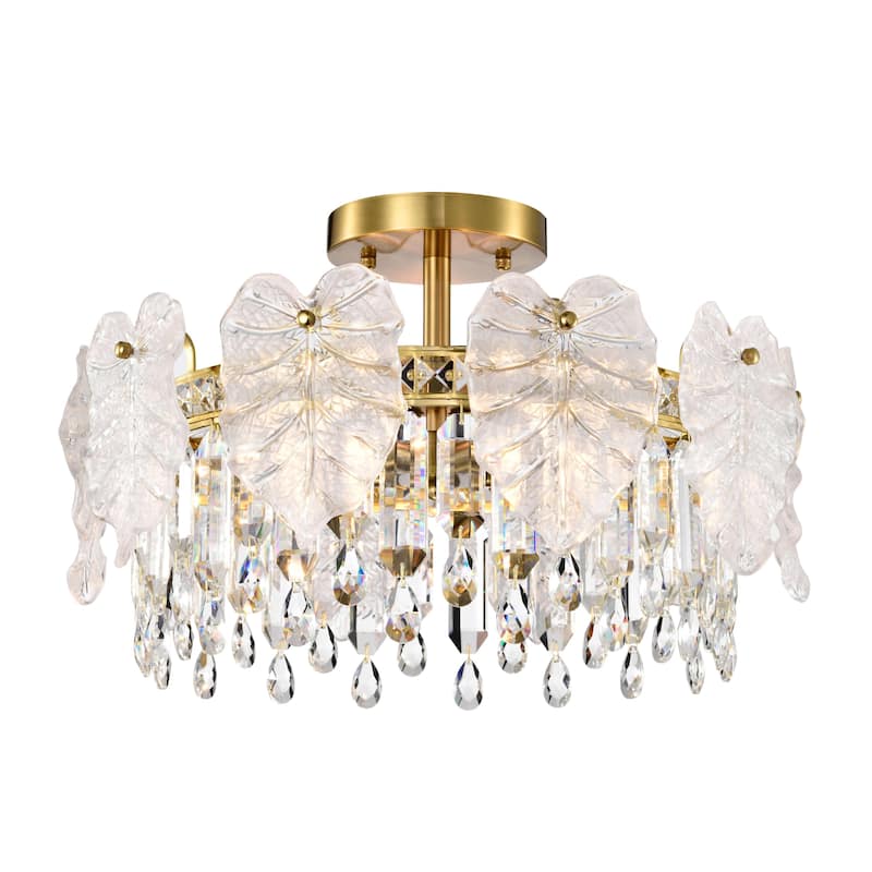 Alma 5-Light Brushed Shiny Brass Leaf-shaped Glass Crystal Flush Mount - 19 inches in diameter x 12.3 inches H