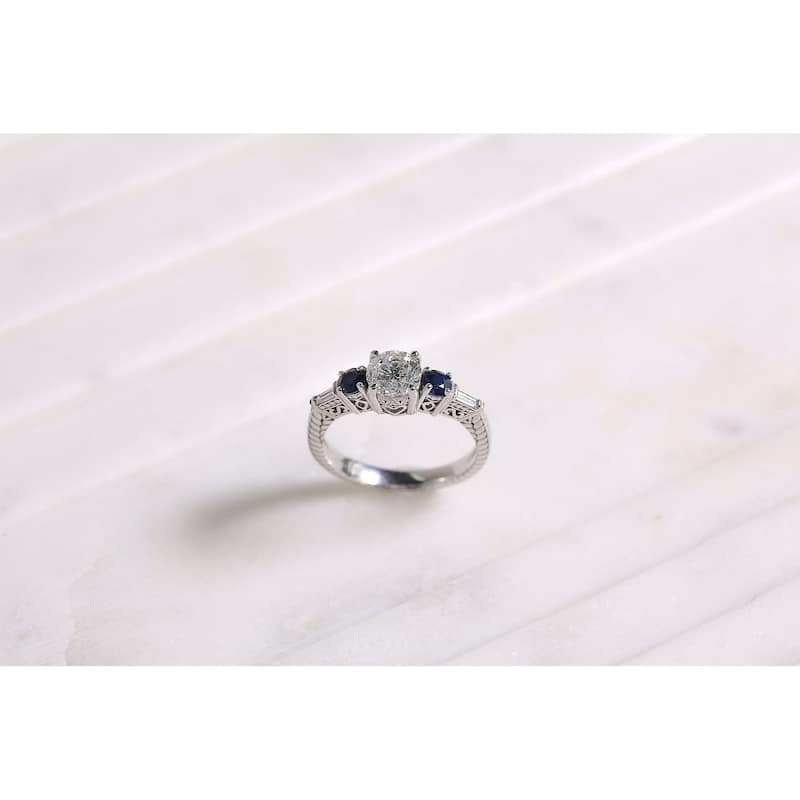 Kobelli 1.63 Carats Natural Diamond & Blue Sapphire Solid Gold 3-Stone Engagement Twill Ring