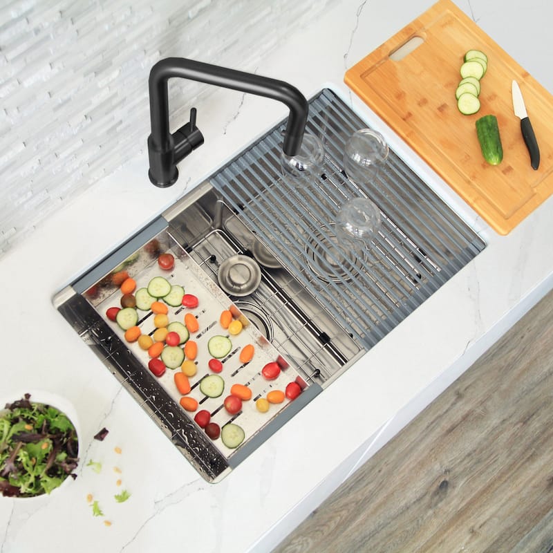 STYLISH 28 inches Workstation 60/40 Double Bowl Undermount 16 Gauge Stainless Steel Kitchen Sink with Accessories included