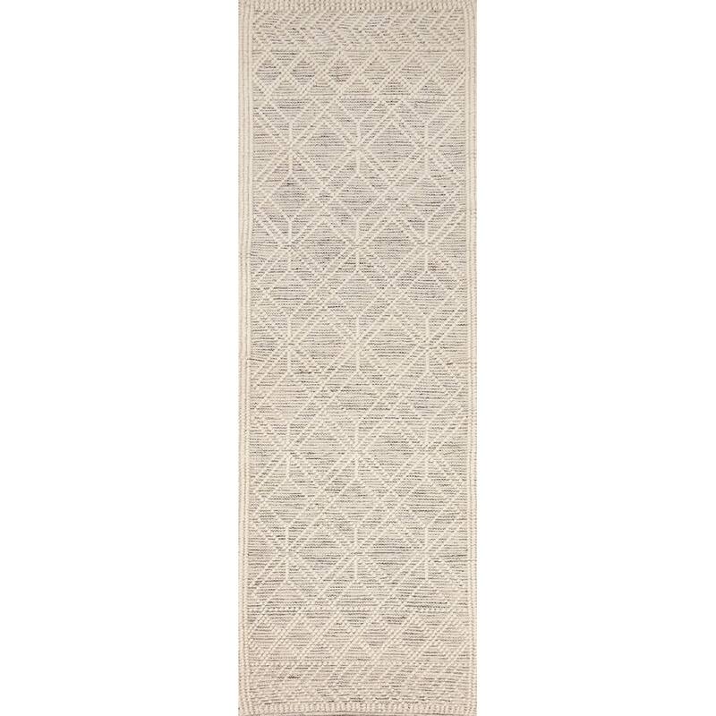 Hand Knotted Oriental 100% Wool Carpet Modern Geometric Beige & Ivories Modern Gotti Design Runner Rug - 9' 5'' X 2' 6''