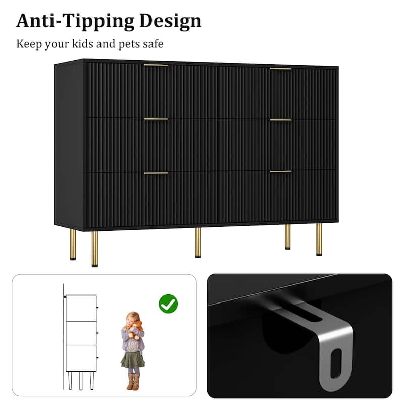 6 Drawers Dresser for Bedroom, Fluted Dresser Chest of Drawers with Handle, Wood Modern Dressers for Closet