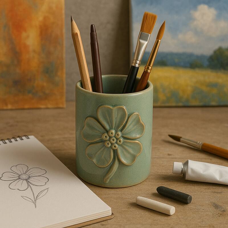 Ceramic Cute Pencil Cup Decorative Flower Office Desk Accessory